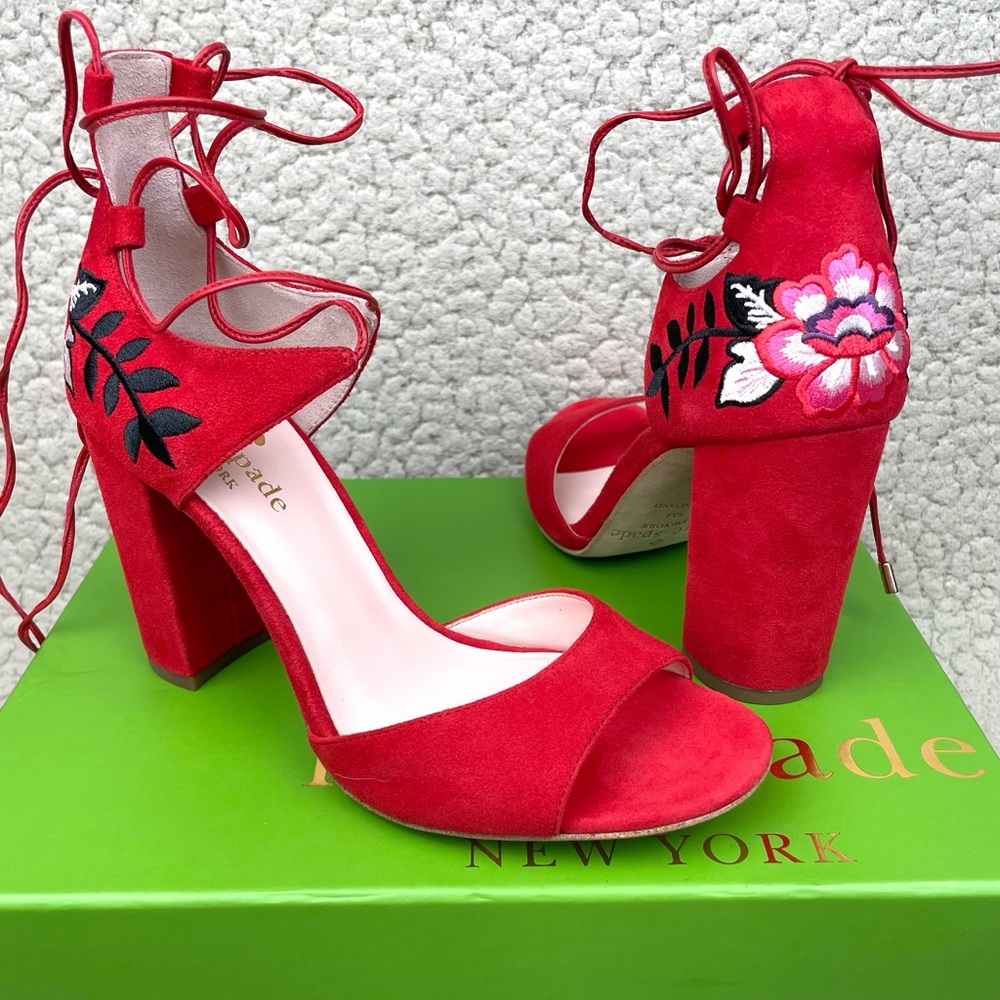 Kate Spade Oasis Lace Up Floral Embroidered Red Suede Heels